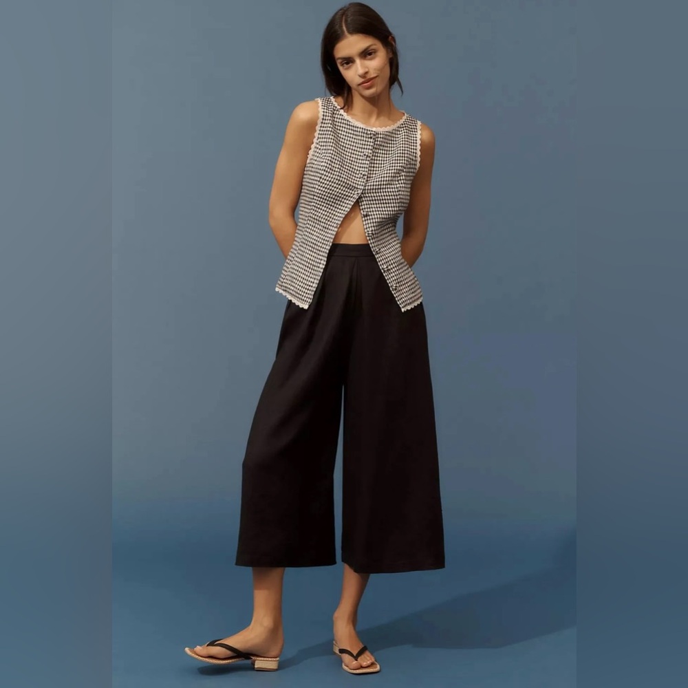 Anthropologie nwt black Linen Pleated Culotte Trousers - Picture 2 of 5